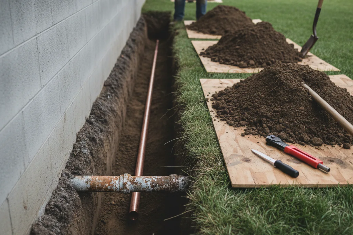 Excavated water line trench during Water Softener Installation in York